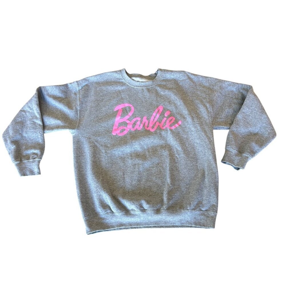 Barbie Sweatshirt Gray with Pink Writing Fleece Size Large